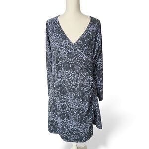 Soft Surroundings navy blue long sleeve Wrap Dress Lace Print  Ruched v-neck